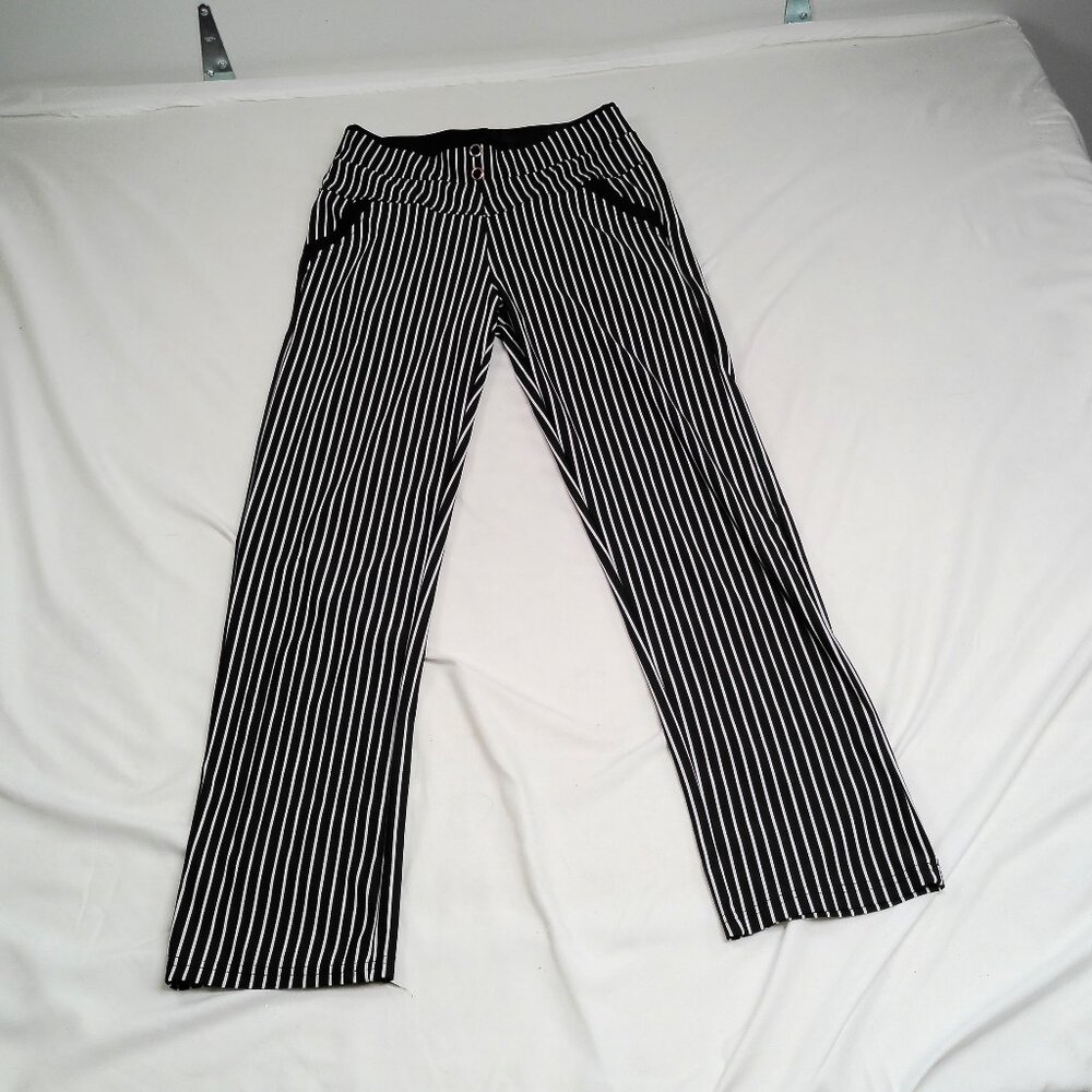 Lemite Women’s Black White Pinstripe Pants Size M Pull-On Straight Leg